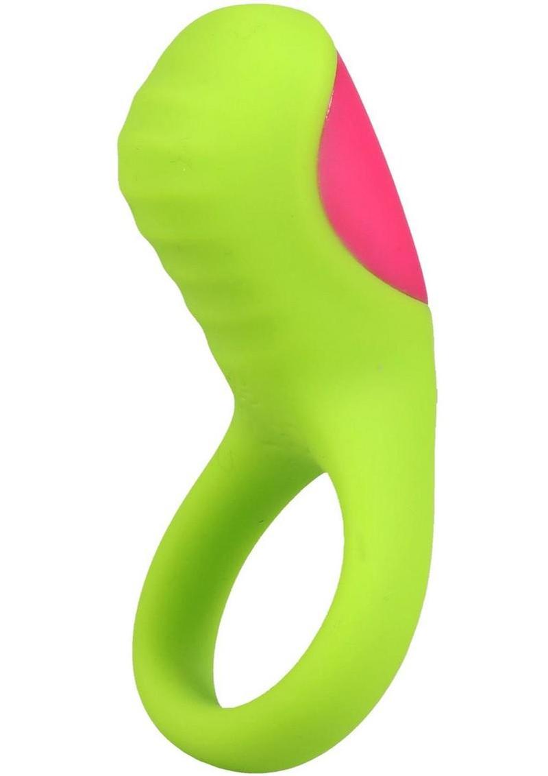 Mood Play Vibrating Rechargeable Silicone Cock Ring - Green/Pink