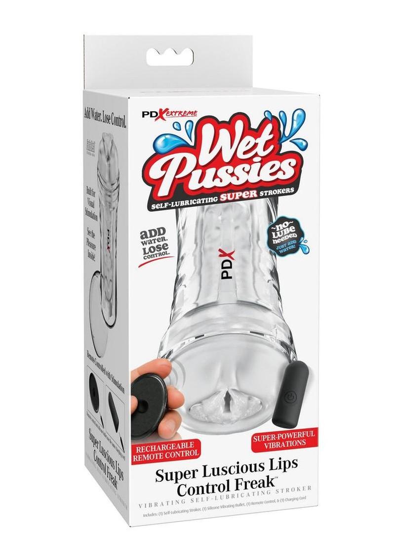 PDX Extreme Wet Pussies Super Luscious Lips Control Freak Self Lubricating Vibrating Stroker with Remote - Pussy - Frost/Clear