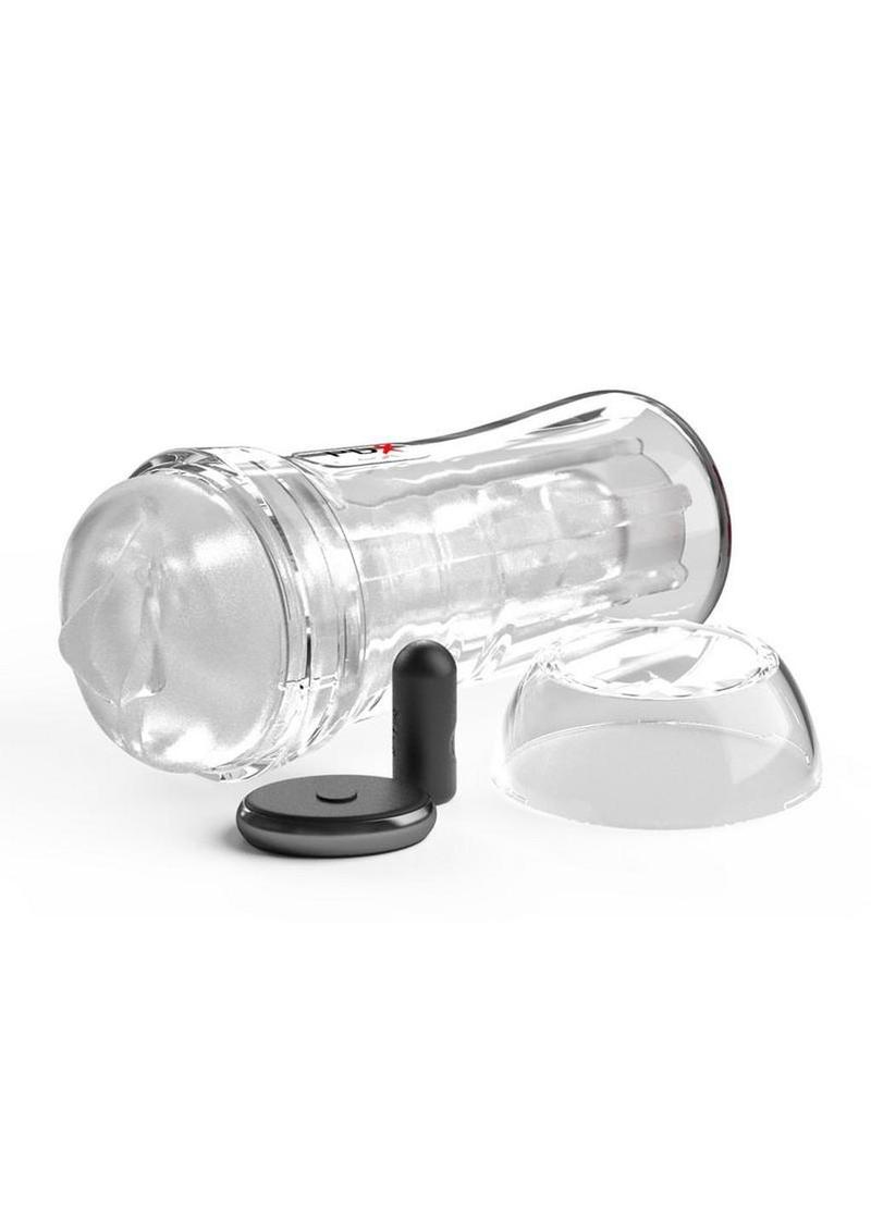 PDX Extreme Wet Pussies Super Luscious Lips Control Freak Self Lubricating Vibrating Stroker with Remote - Pussy - Frost/Clear