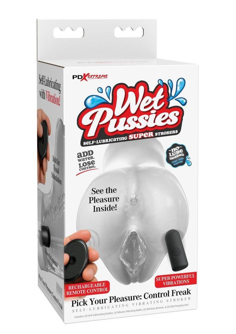 PDX Extreme Wet Pussies Pick Your Pleasure Control Freak Self Lubricating Vibrating Stroker with Remote - Pussy/Ass - Frost