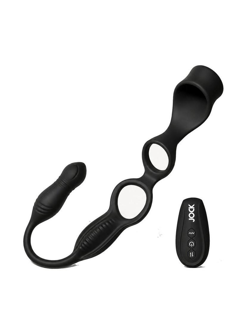 Jock Hype Max Thrusting & Vibrating Rechargeable Silicone Anal Plug with Cock Ring - Black