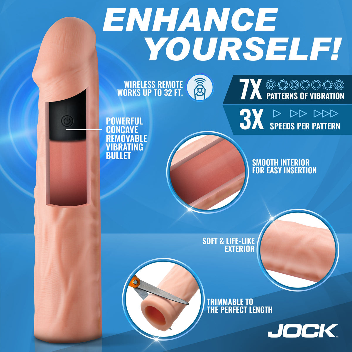 JOCK Enhancers Vibrating Penis Extension w/ Remote - Light