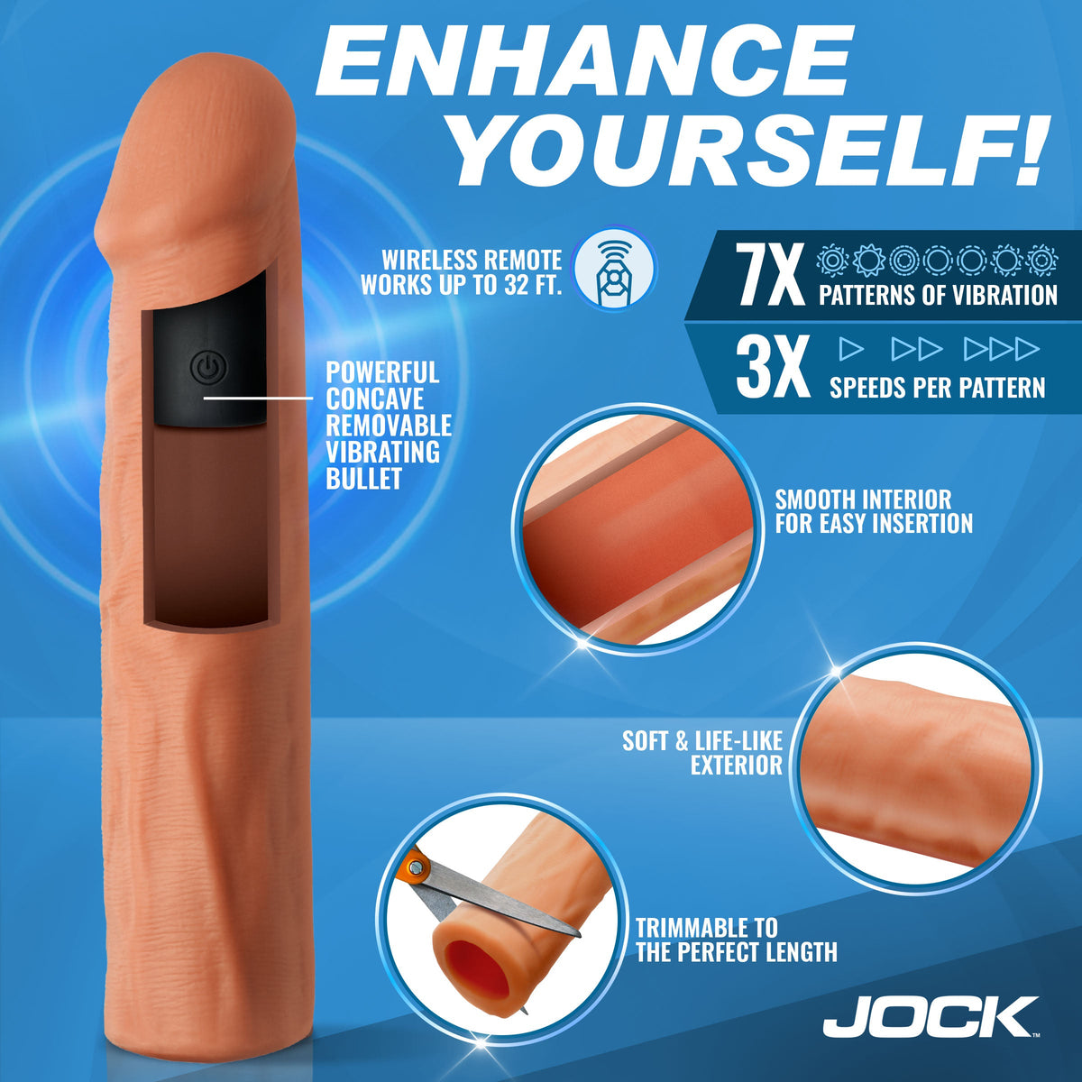 JOCK Enhancers Vibrating Penis Extension w/ Remote - Medium