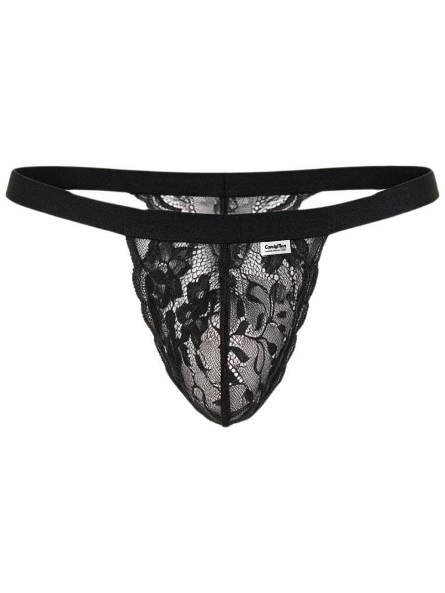 CandyMan Seductive Sheer Lace Thongs - Black