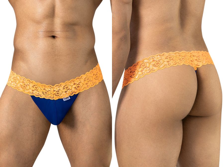 CandyMan Seductive Lace Thongs - Blue-Hot Orange