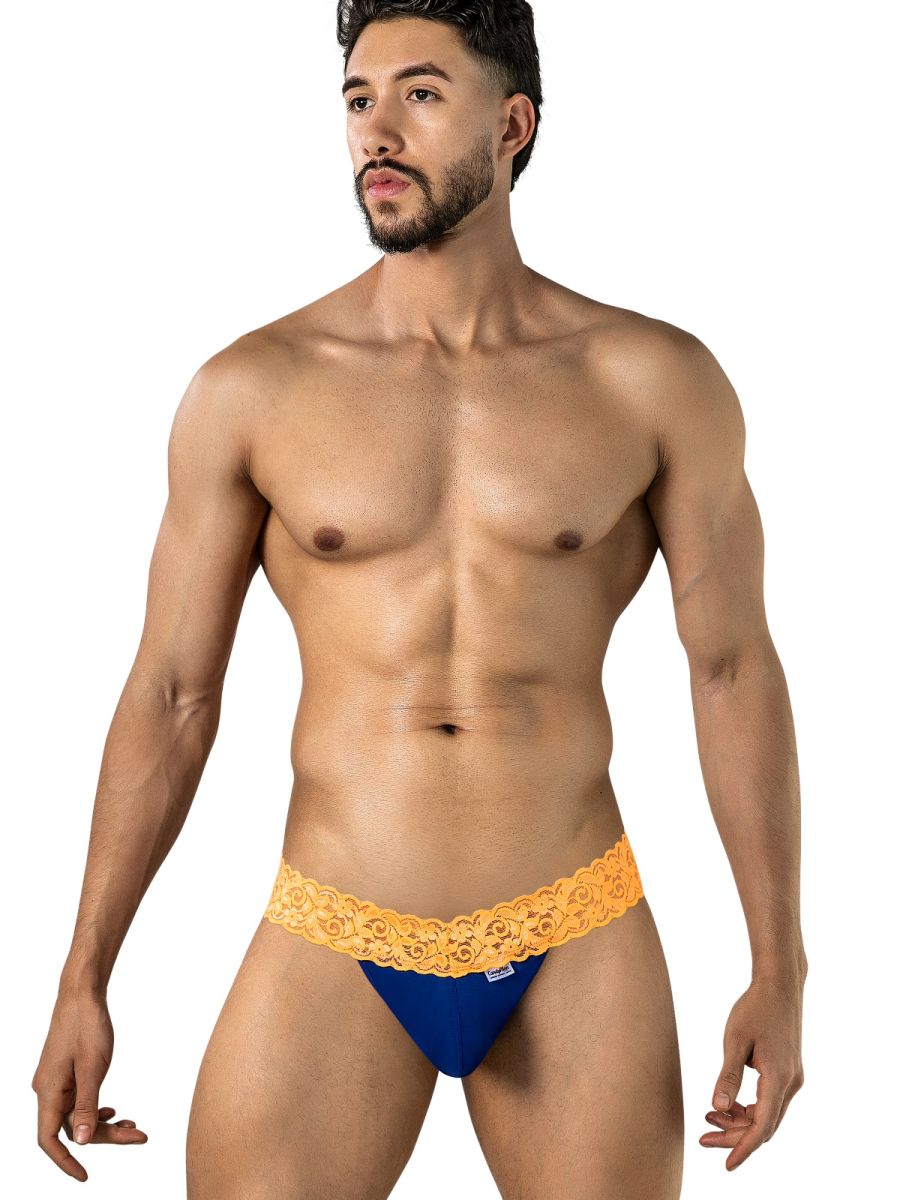CandyMan Seductive Lace Thongs - Blue-Hot Orange