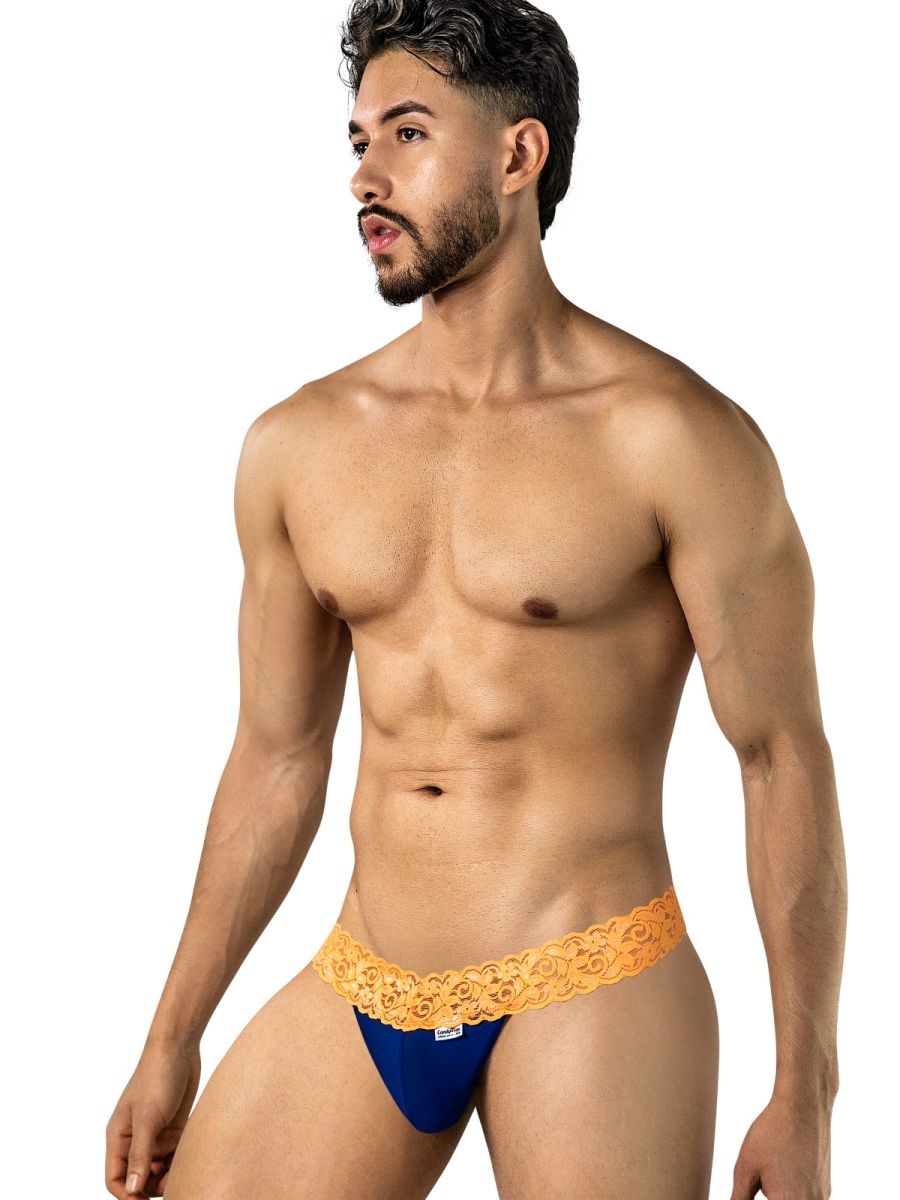 CandyMan Seductive Lace Thongs - Blue-Hot Orange