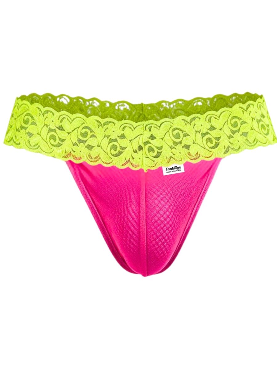 CandyMan Seductive Lace Thongs - Hot Pink-Yellow