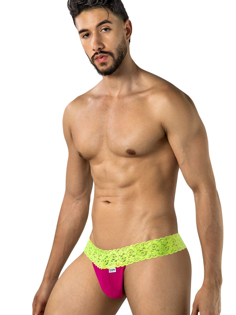 CandyMan Seductive Lace Thongs - Hot Pink-Yellow