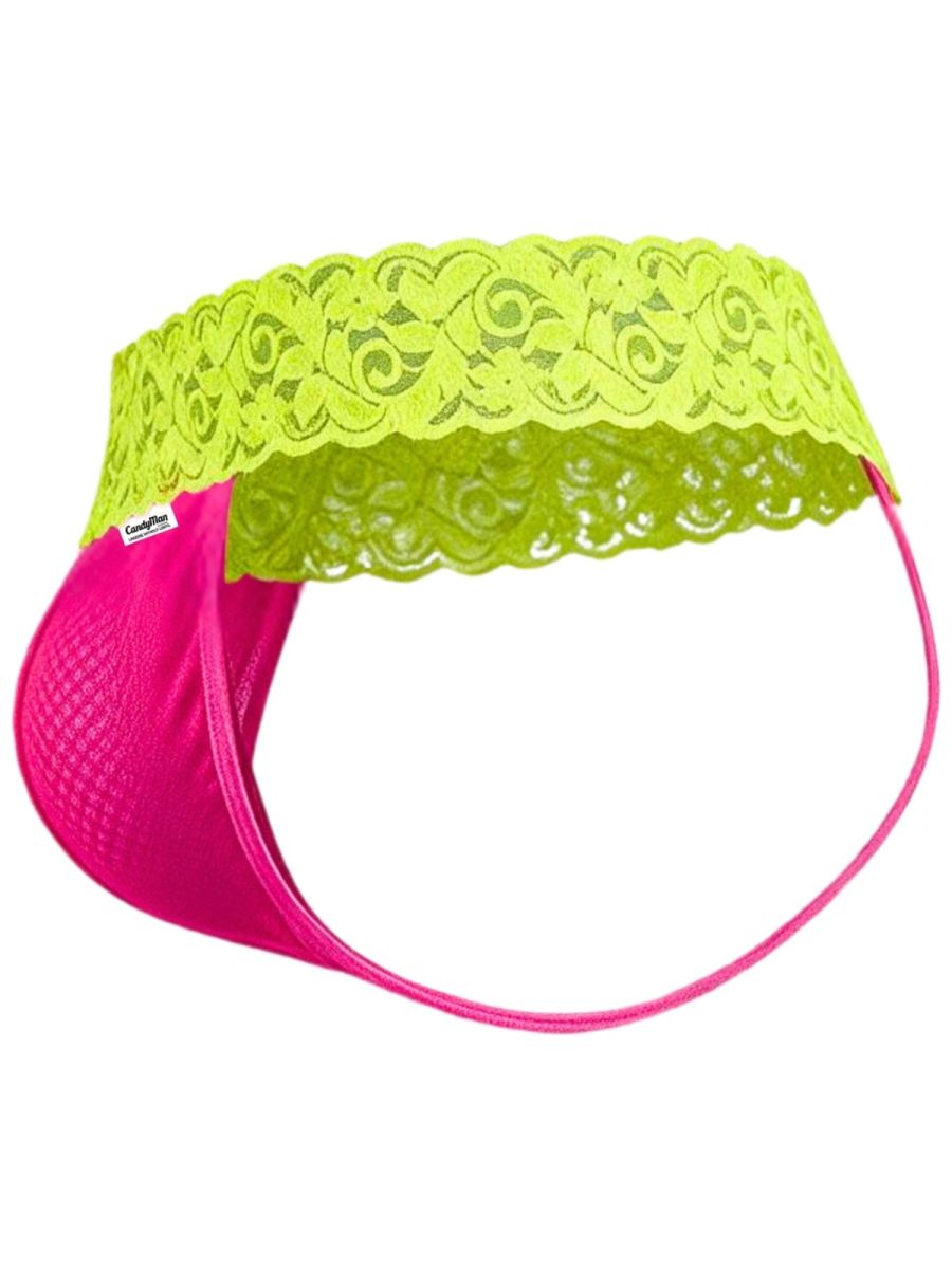 CandyMan Seductive Lace Thongs - Hot Pink-Yellow
