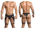CandyMan Heart Cutout Lace Garter Thongs - Black
