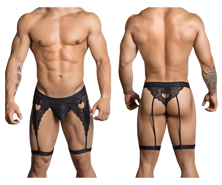 CandyMan Heart Cutout Lace Garter Thongs - Black