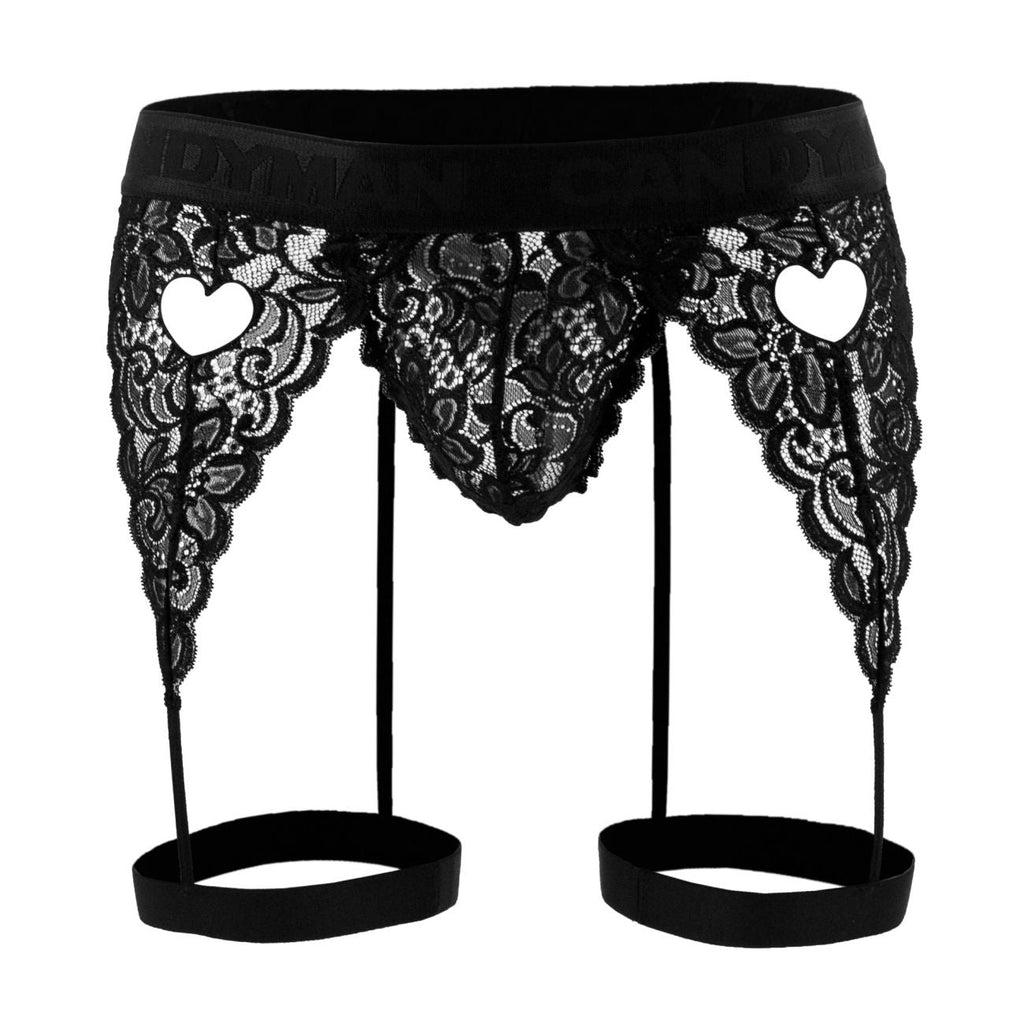 CandyMan Heart Cutout Lace Garter Thongs - Black