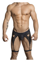 CandyMan Heart Cutout Lace Garter Thongs - Black