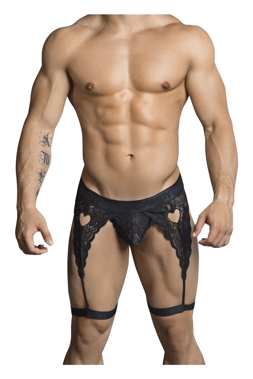 CandyMan Heart Cutout Lace Garter Thongs - Black