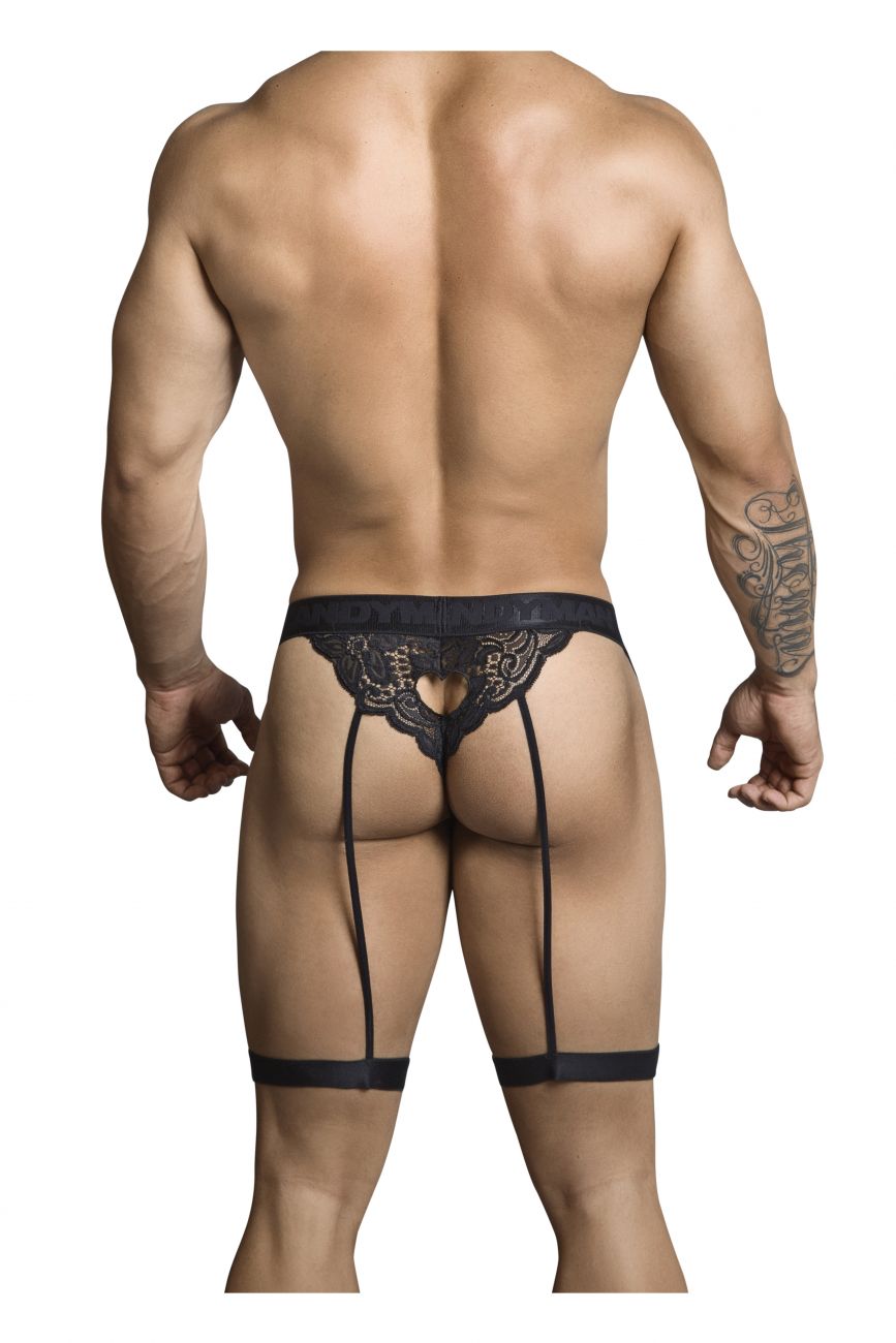 CandyMan Heart Cutout Lace Garter Thongs - Black