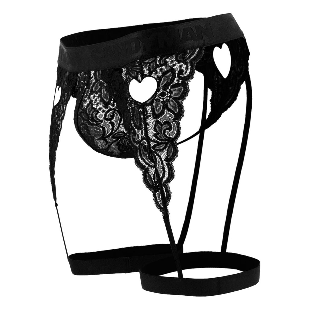 CandyMan Heart Cutout Lace Garter Thongs - Black
