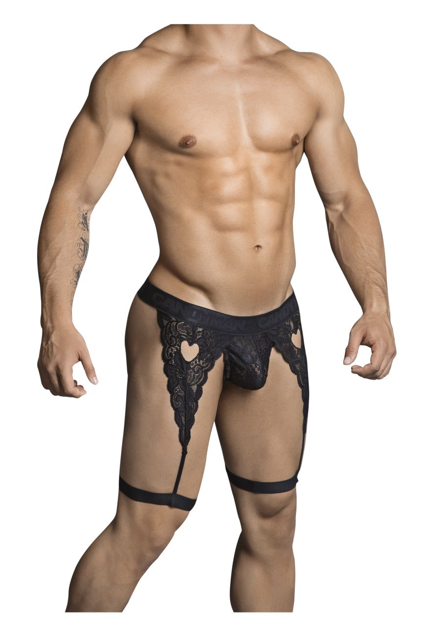 CandyMan Heart Cutout Lace Garter Thongs - Black