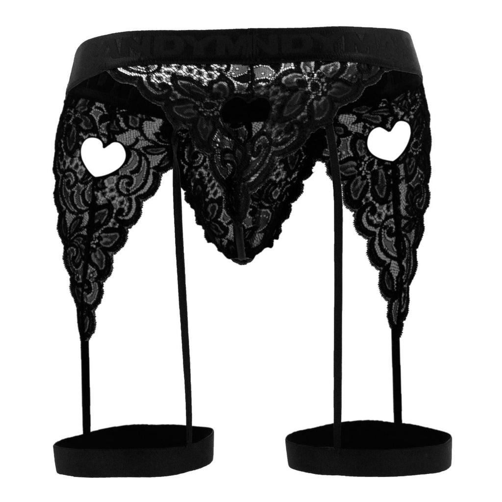 CandyMan Heart Cutout Lace Garter Thongs - Black