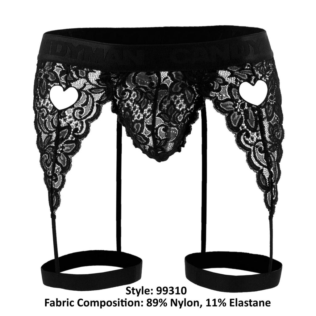 CandyMan Heart Cutout Lace Garter Thongs - Black
