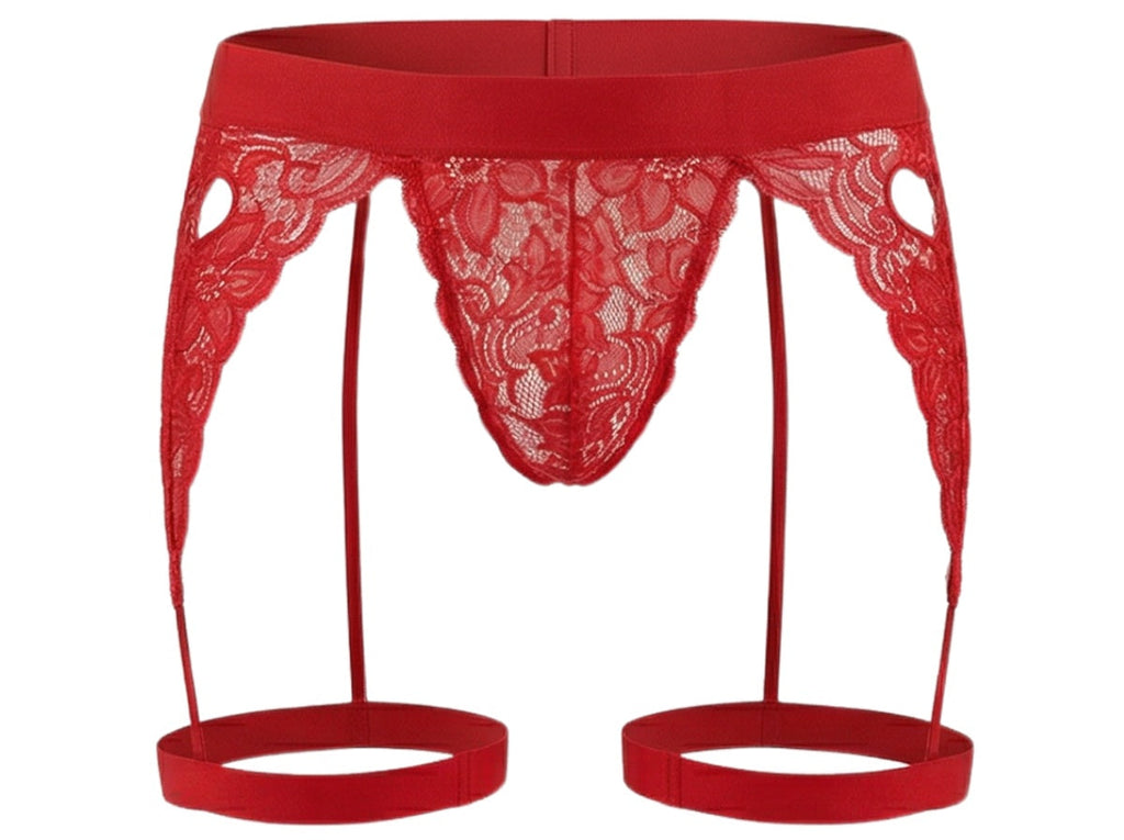 CandyMan Lace Garter Thongs - Red
