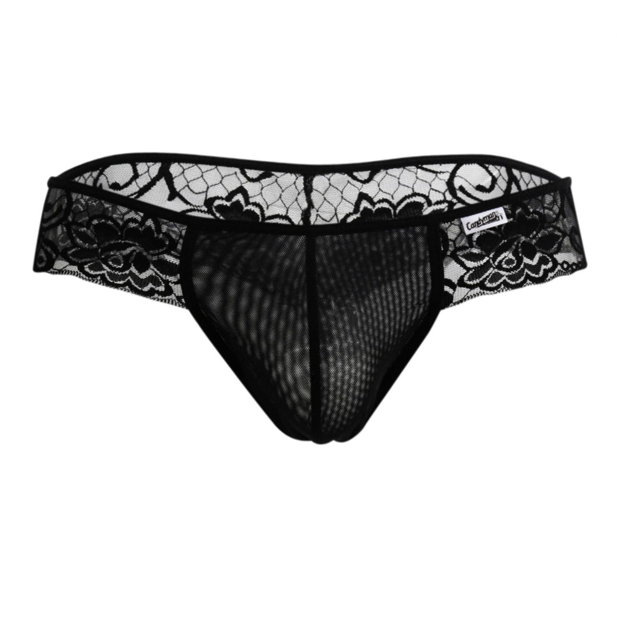 CandyMan Opaque Pouch Lace Mesh Thongs - Black