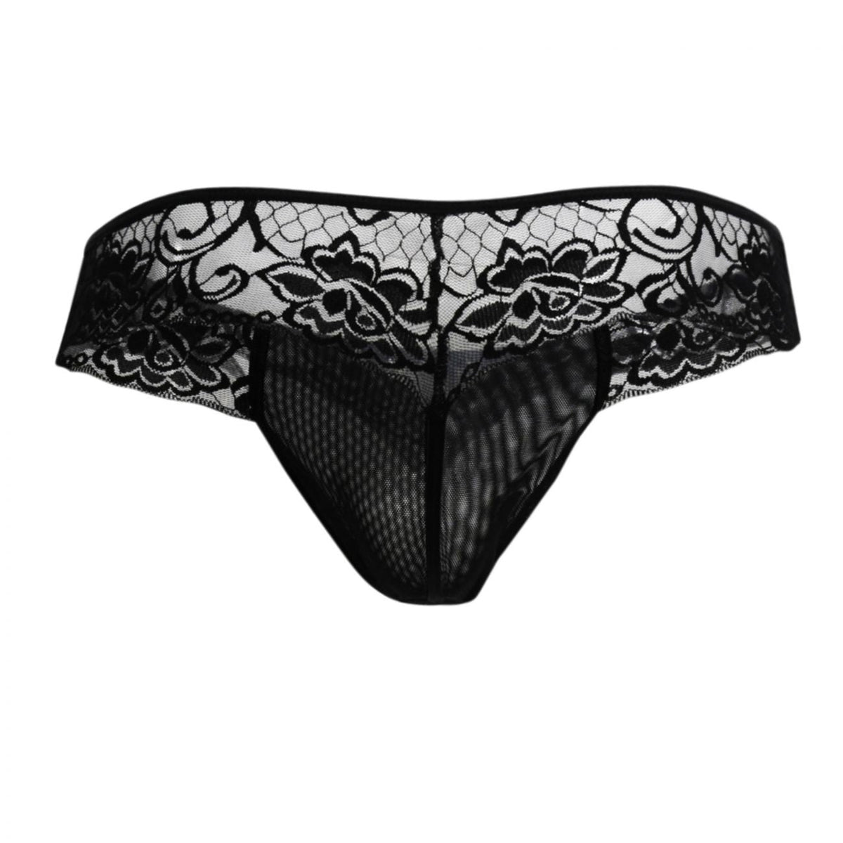 CandyMan Opaque Pouch Lace Mesh Thongs - Black