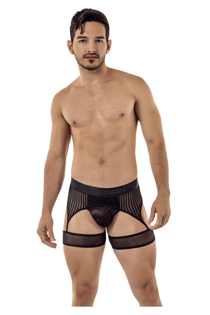 CandyMan Garter Belt Thongs - Black Mesh