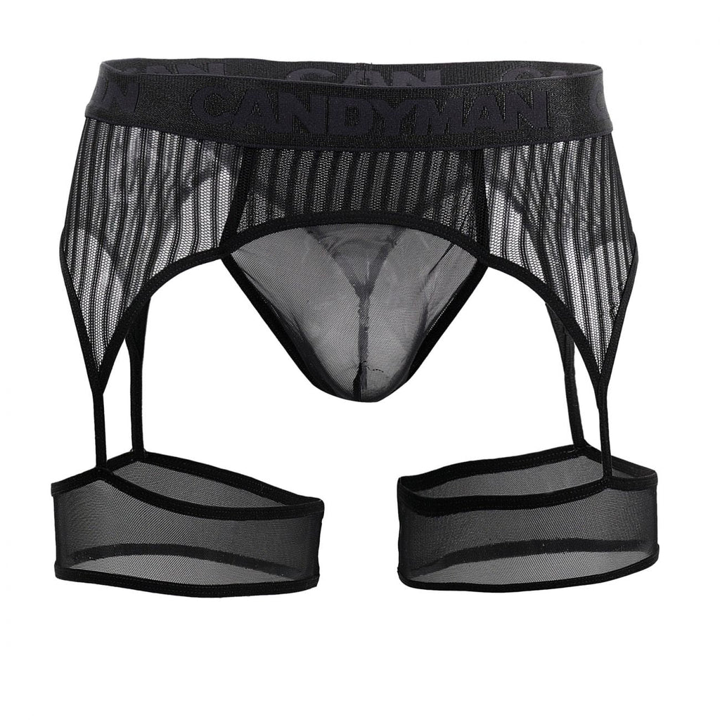 CandyMan Garter Belt Thongs - Black Mesh