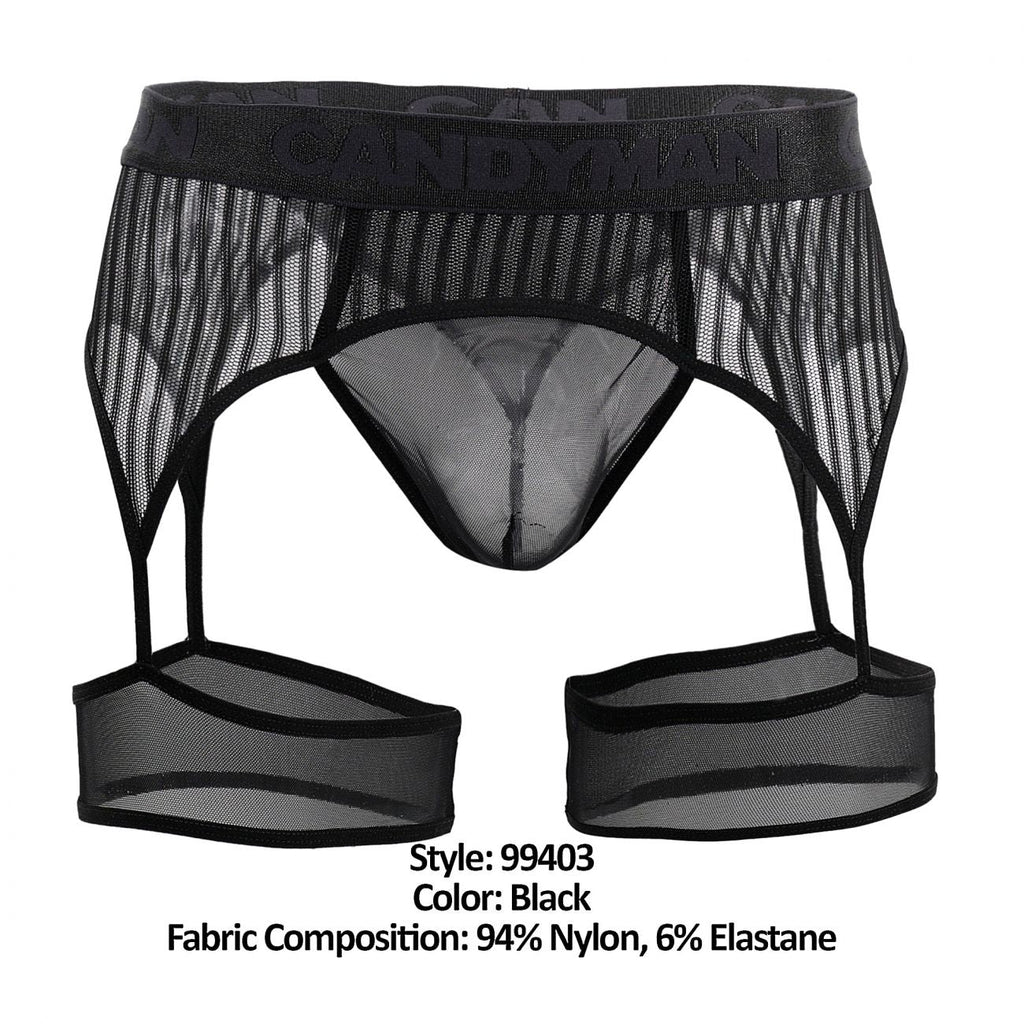 CandyMan Garter Belt Thongs - Black Mesh