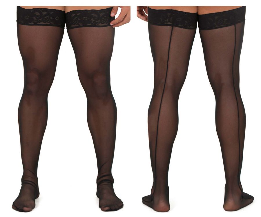 CandyMan Lace Top Mesh Thigh Highs - Black