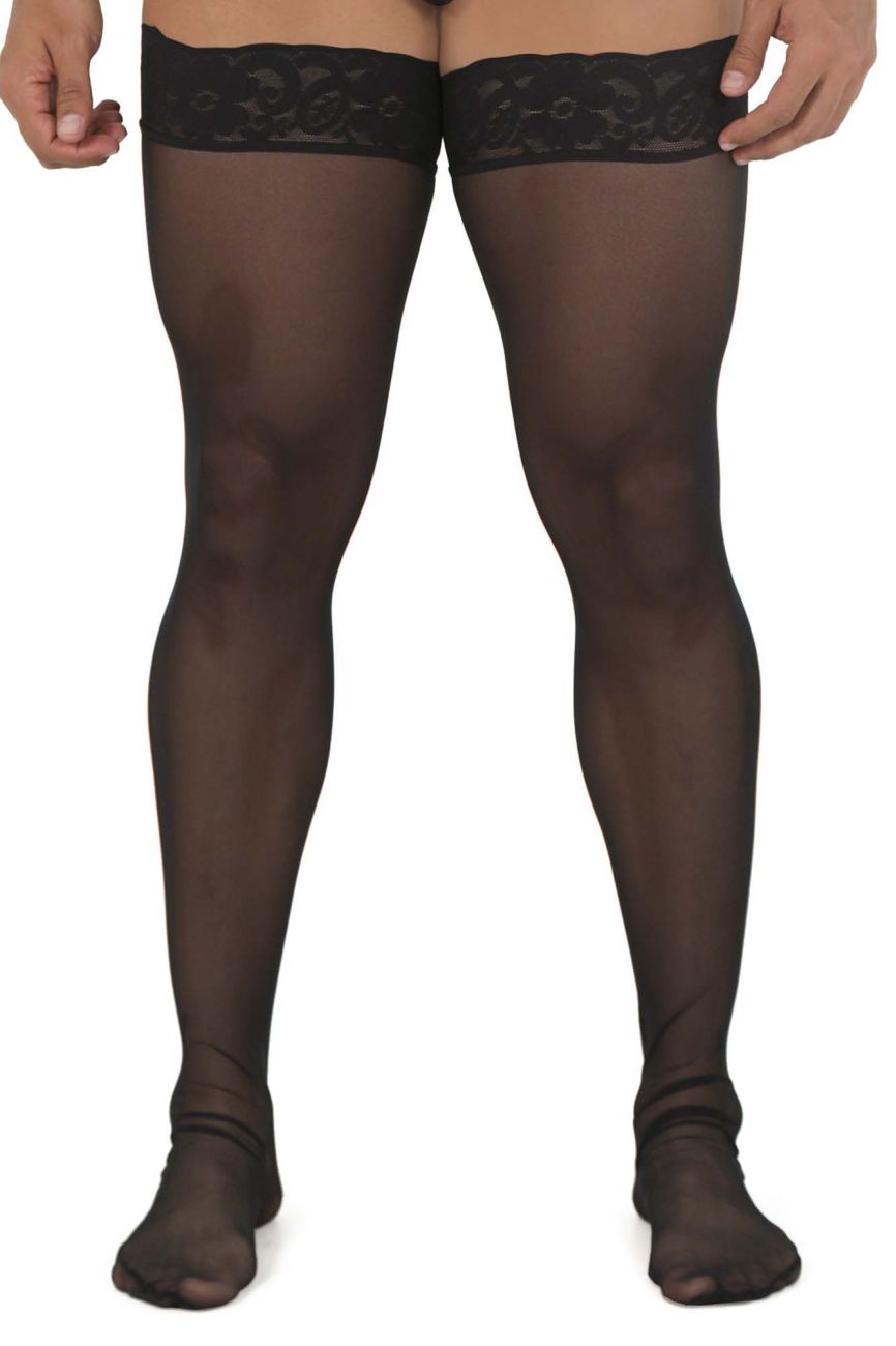 CandyMan Lace Top Mesh Thigh Highs - Black