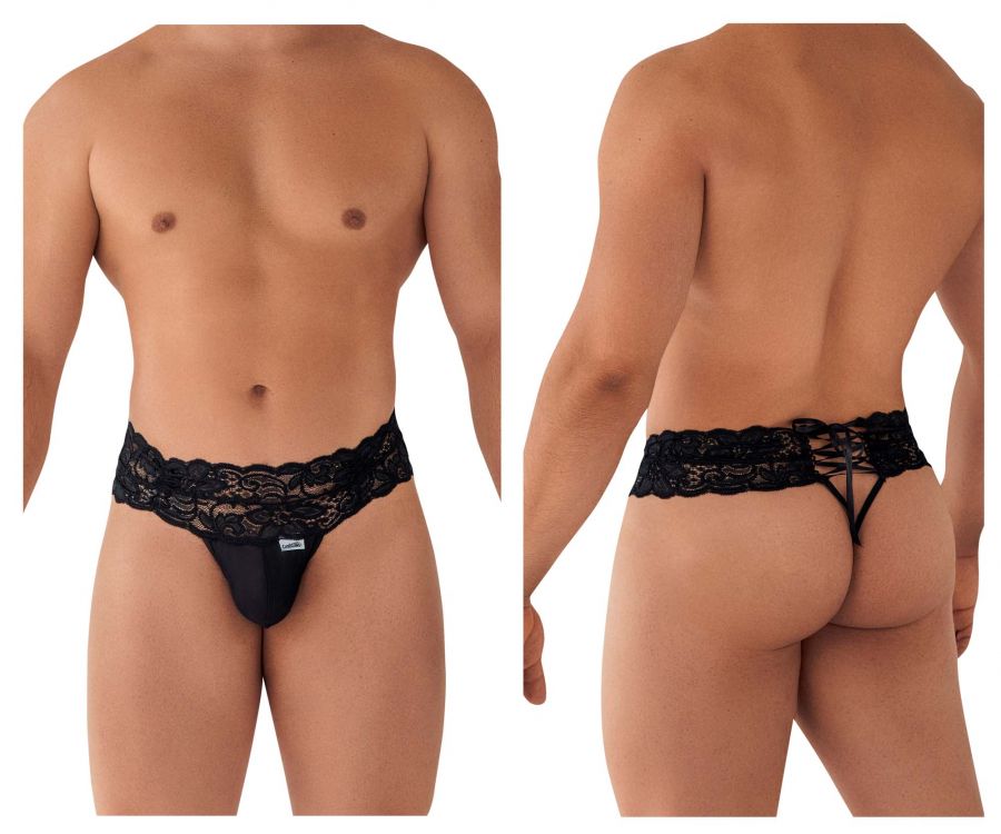 CandyMan Strappy Back Lace Mesh Thongs - Black