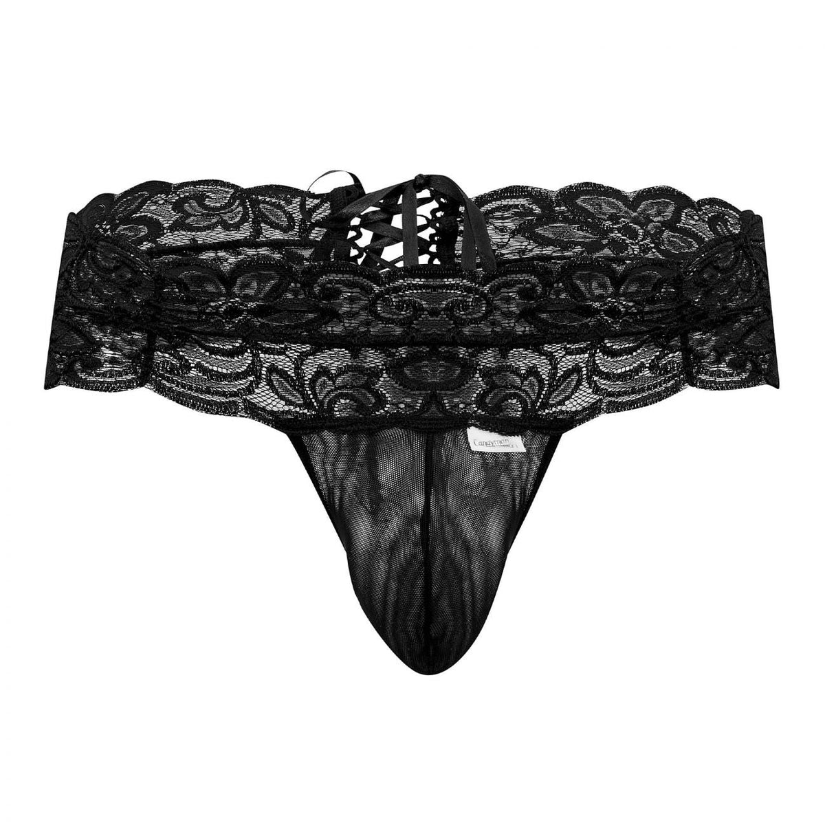 CandyMan Strappy Back Lace Mesh Thongs - Black