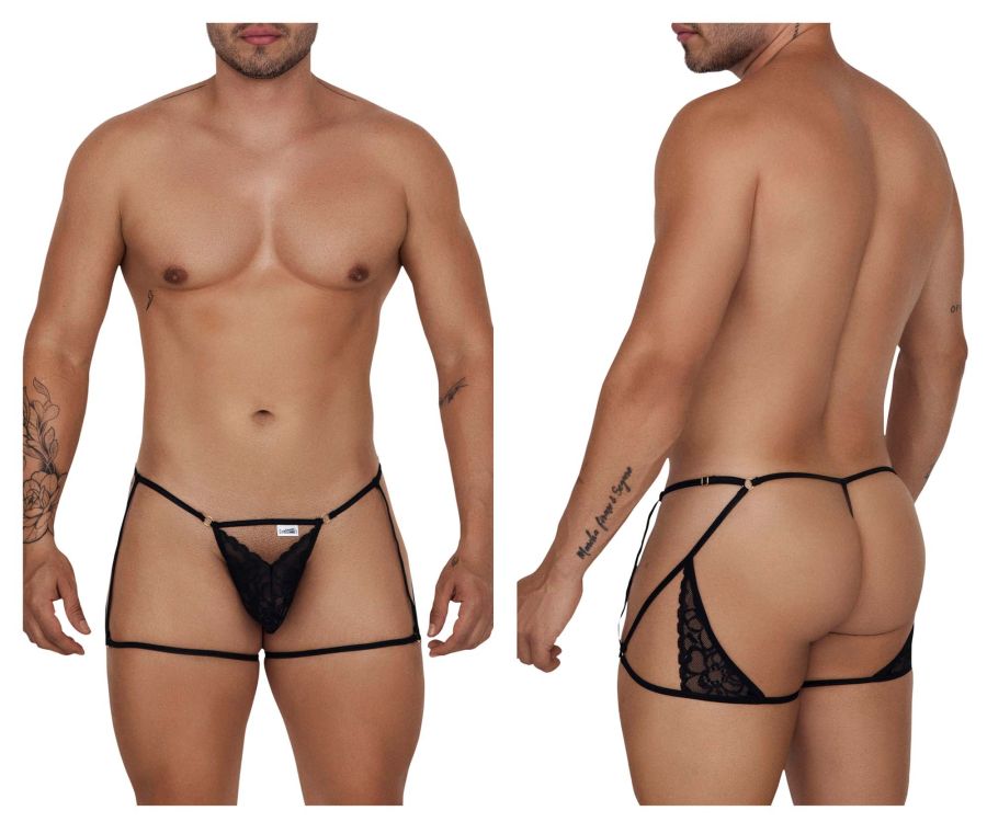 CandyMan Naked Back Garter Thongs - Black