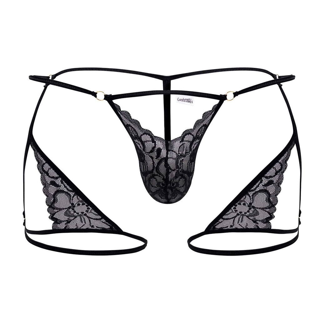 CandyMan Naked Back Garter Thongs - Black