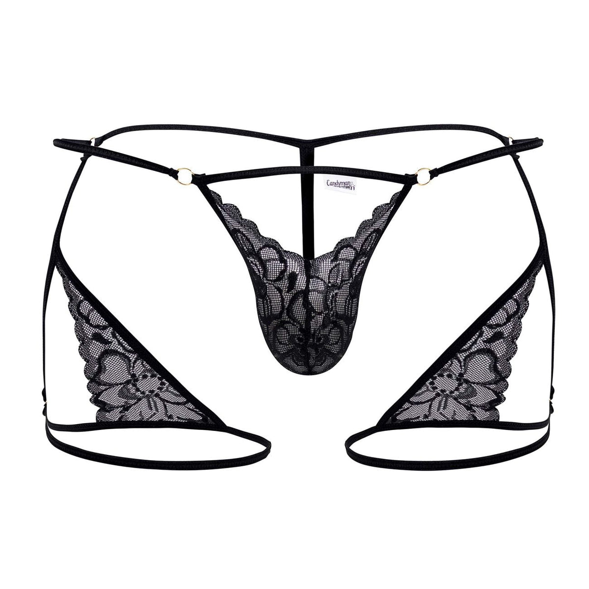 CandyMan Naked Back Garter Thongs - Black