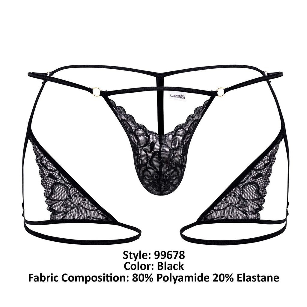 CandyMan Naked Back Garter Thongs - Black