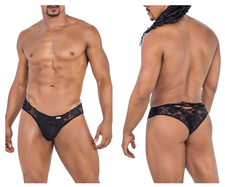 CandyMan Lace-Up Back Lace Thongs - Black