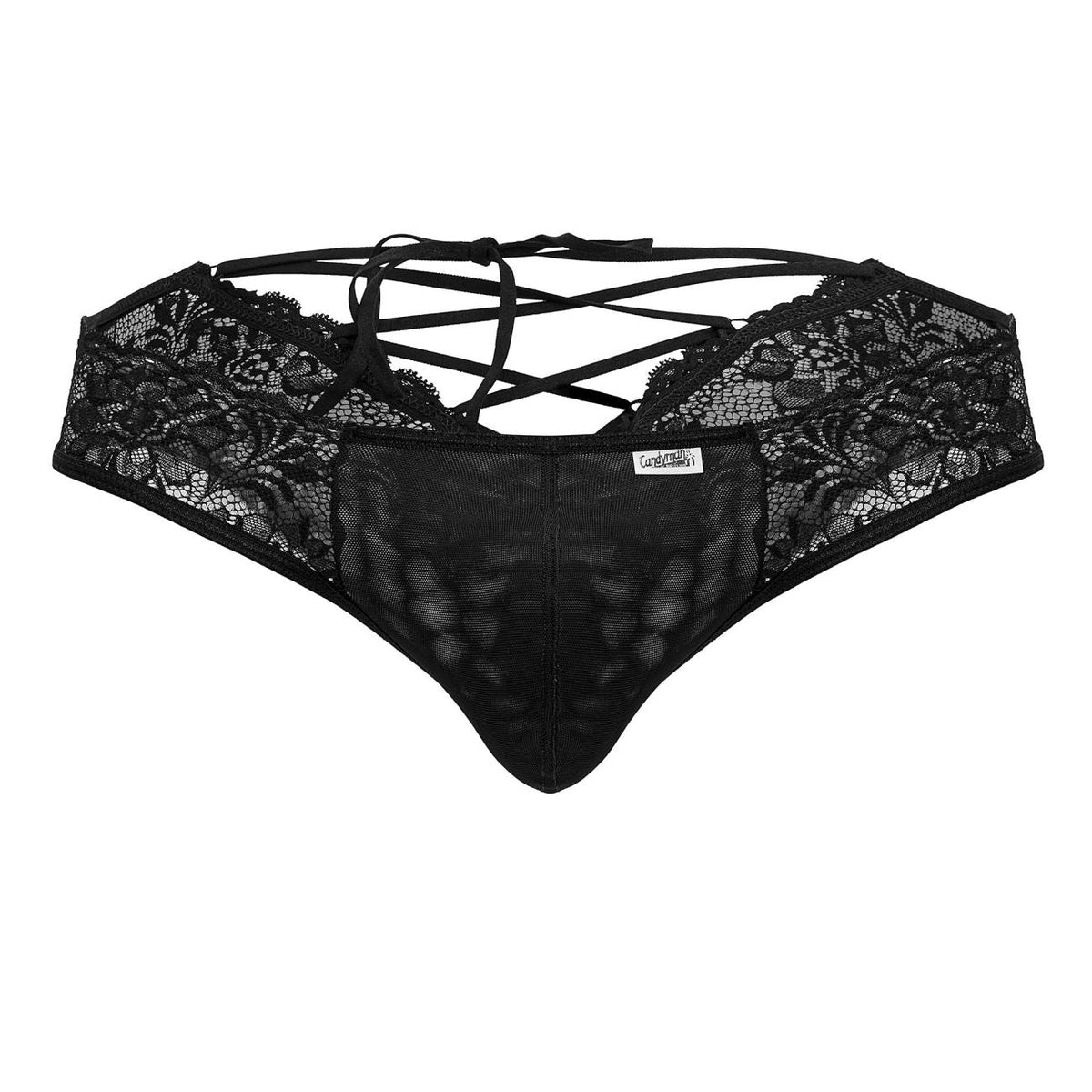 CandyMan Lace-Up Back Lace Thongs - Black