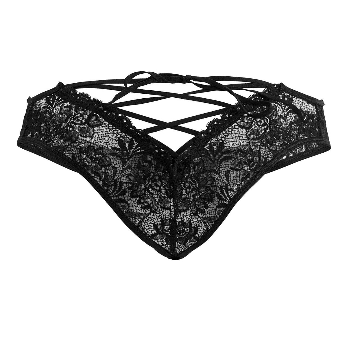 CandyMan Lace-Up Back Lace Thongs - Black
