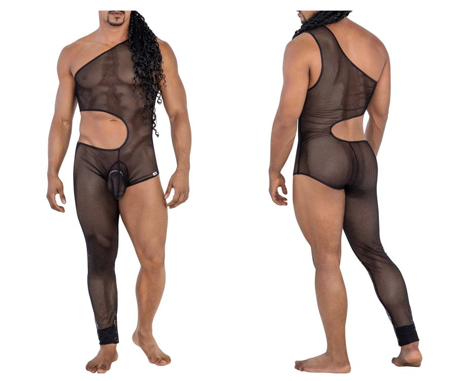 CandyMan Sheer Mesh One Shoulder One Leg Bodysuit - Black