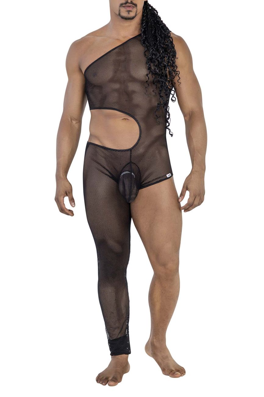 CandyMan Sheer Mesh One Shoulder One Leg Bodysuit - Black
