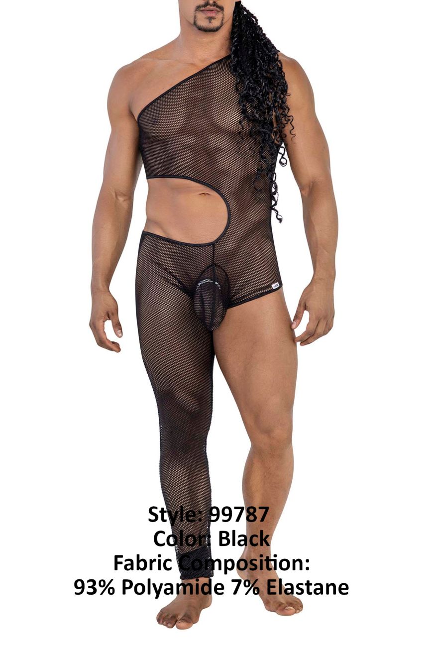 CandyMan Sheer Mesh One Shoulder One Leg Bodysuit - Black