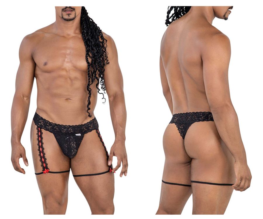 CandyMan Red Bow Lace Garter Thongs - Black