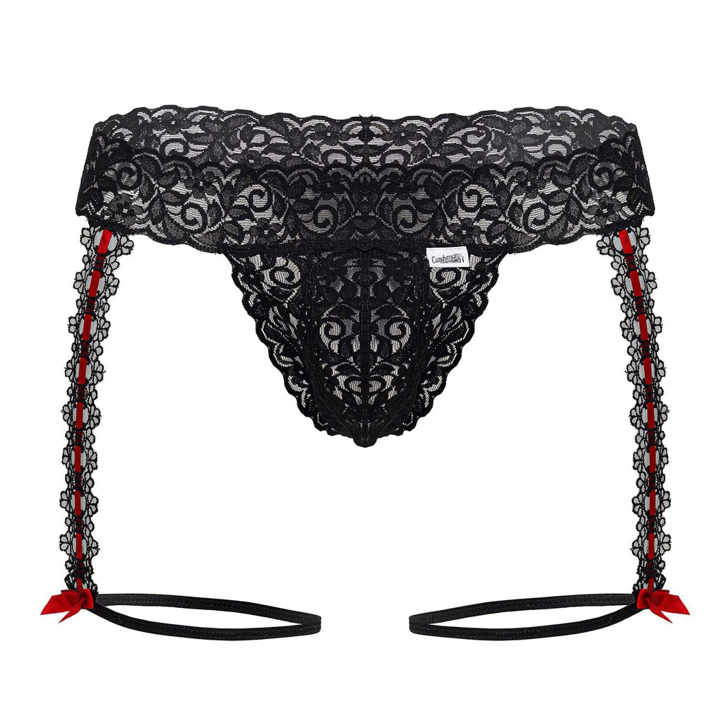 CandyMan Red Bow Lace Garter Thongs - Black