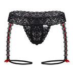 CandyMan Red Bow Lace Garter Thongs - Black