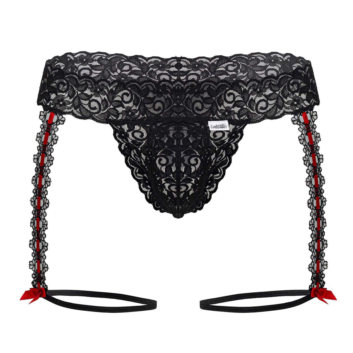 CandyMan Red Bow Lace Garter Thongs - Black