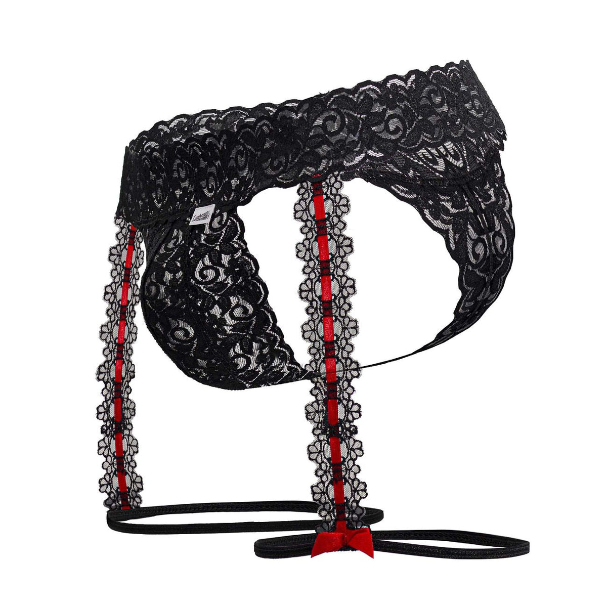 CandyMan Red Bow Lace Garter Thongs - Black