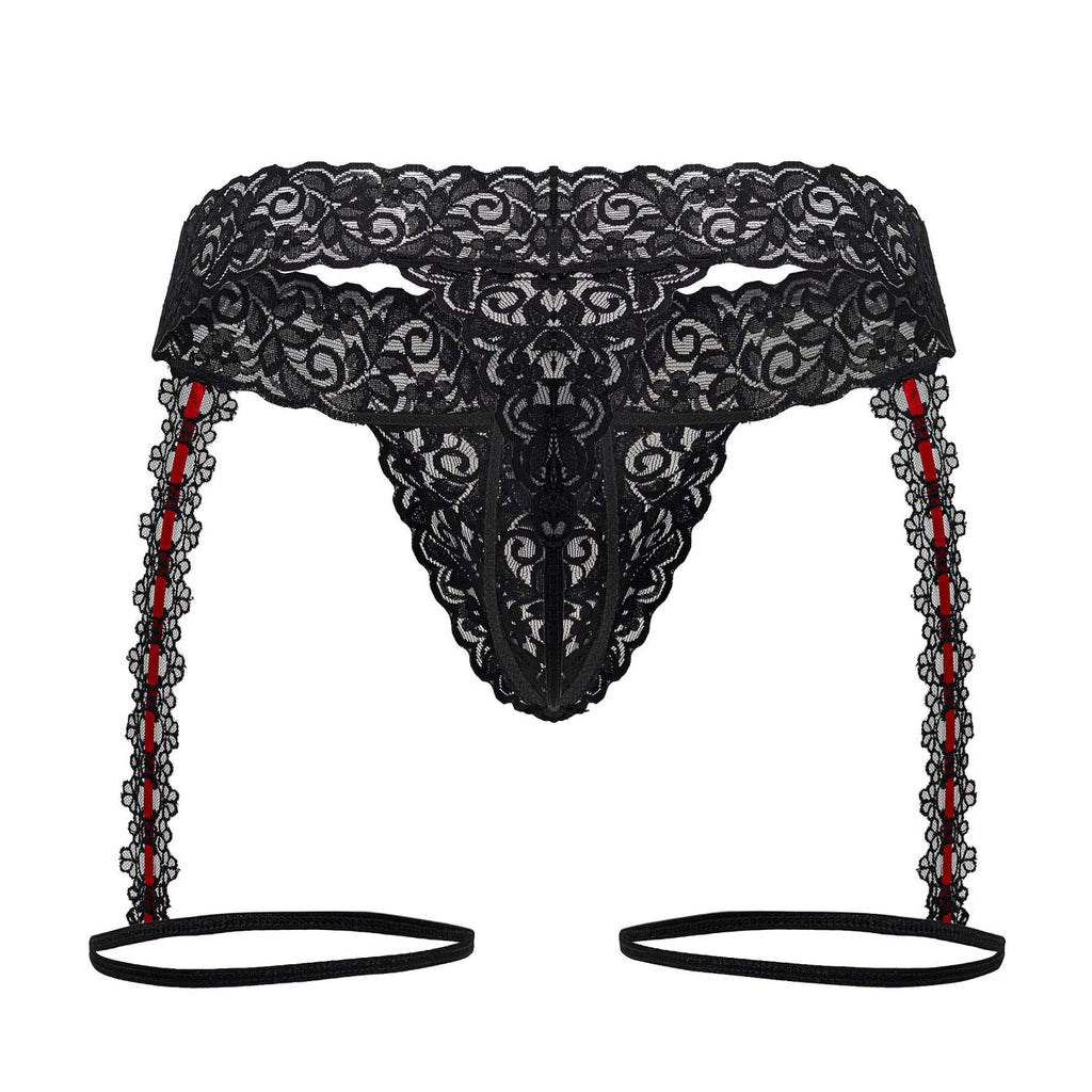 CandyMan Red Bow Lace Garter Thongs - Black